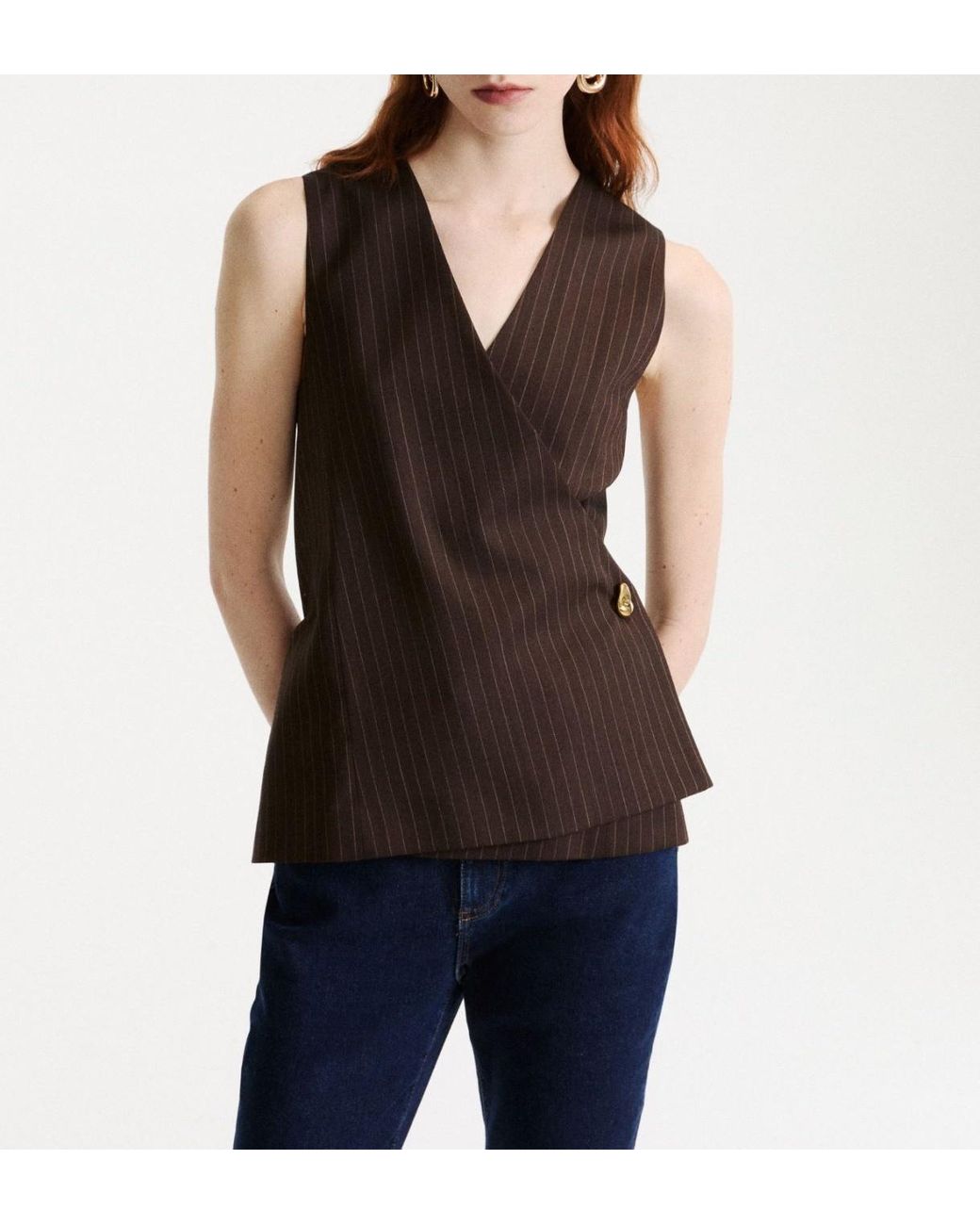 Marella Brown Ranghi Pinstripe Sleeveless Blazer