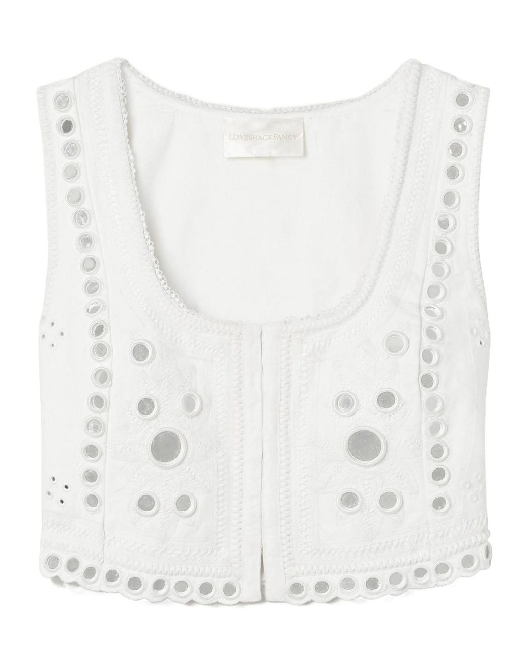 LoveShackFancy White Cropped Paillette-Embellished Embroidered Linen Top