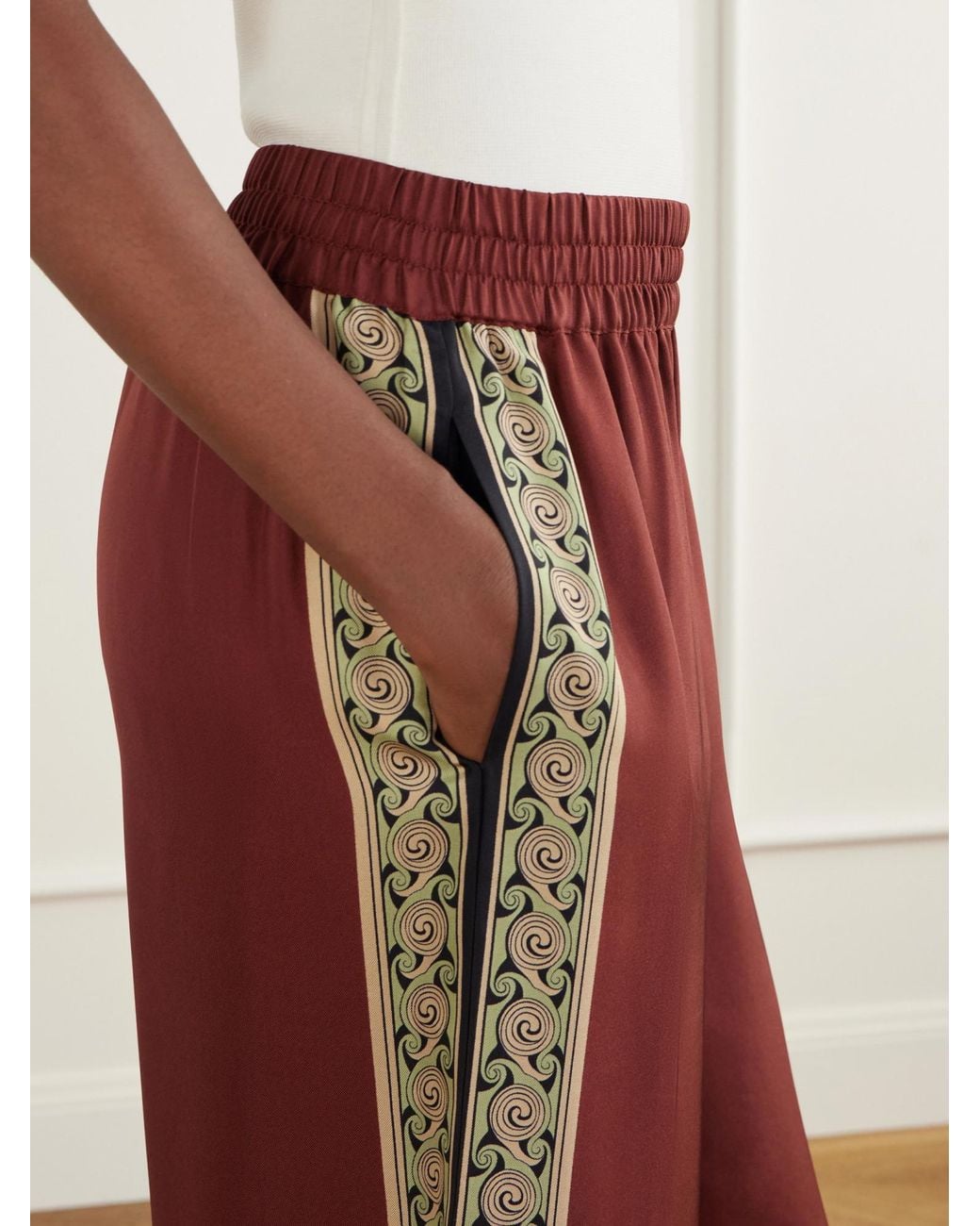 LaDoubleJ Red Palazzo Printed Silk-Twill Wide-Leg Pants
