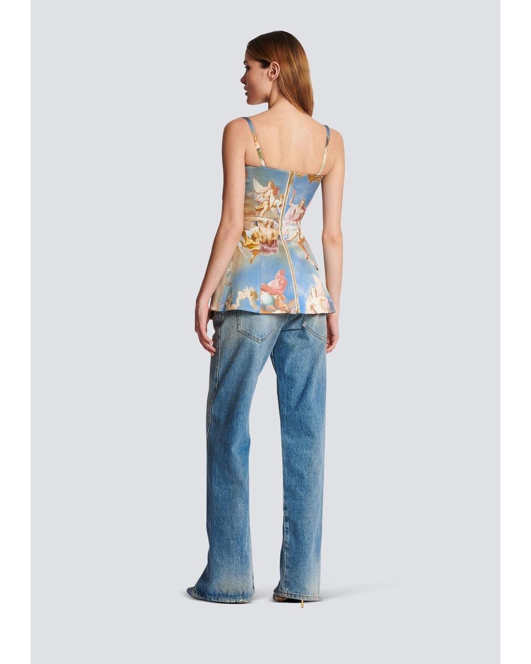 Balmain Blue Sky Printed Satin Corset Top