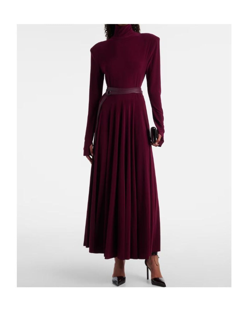 Norma Kamali Purple Pleated Turtleneck Maxi Dress