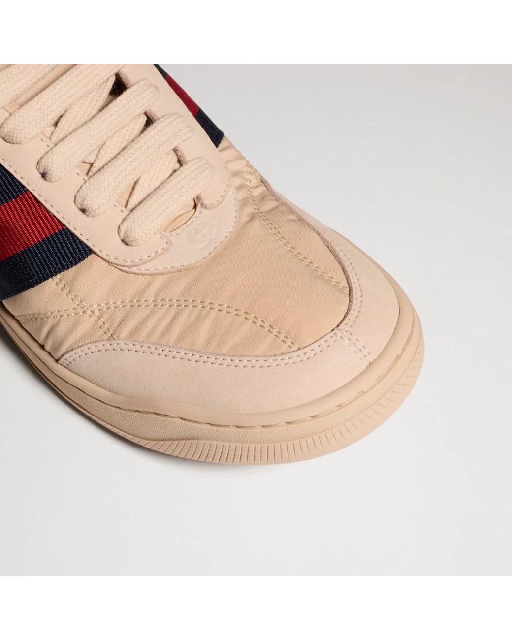 Gucci Pink Light Leather-Trim Web Sneaker With Interlocking G Rubber Sole And Cushioned Insole