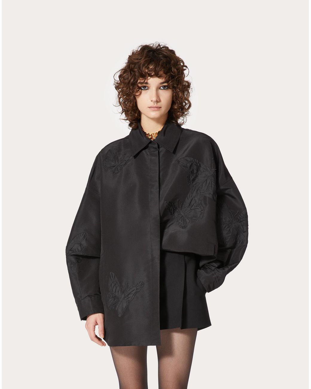 Valentino Black Butterfly Patterned Curved Hem Shirt