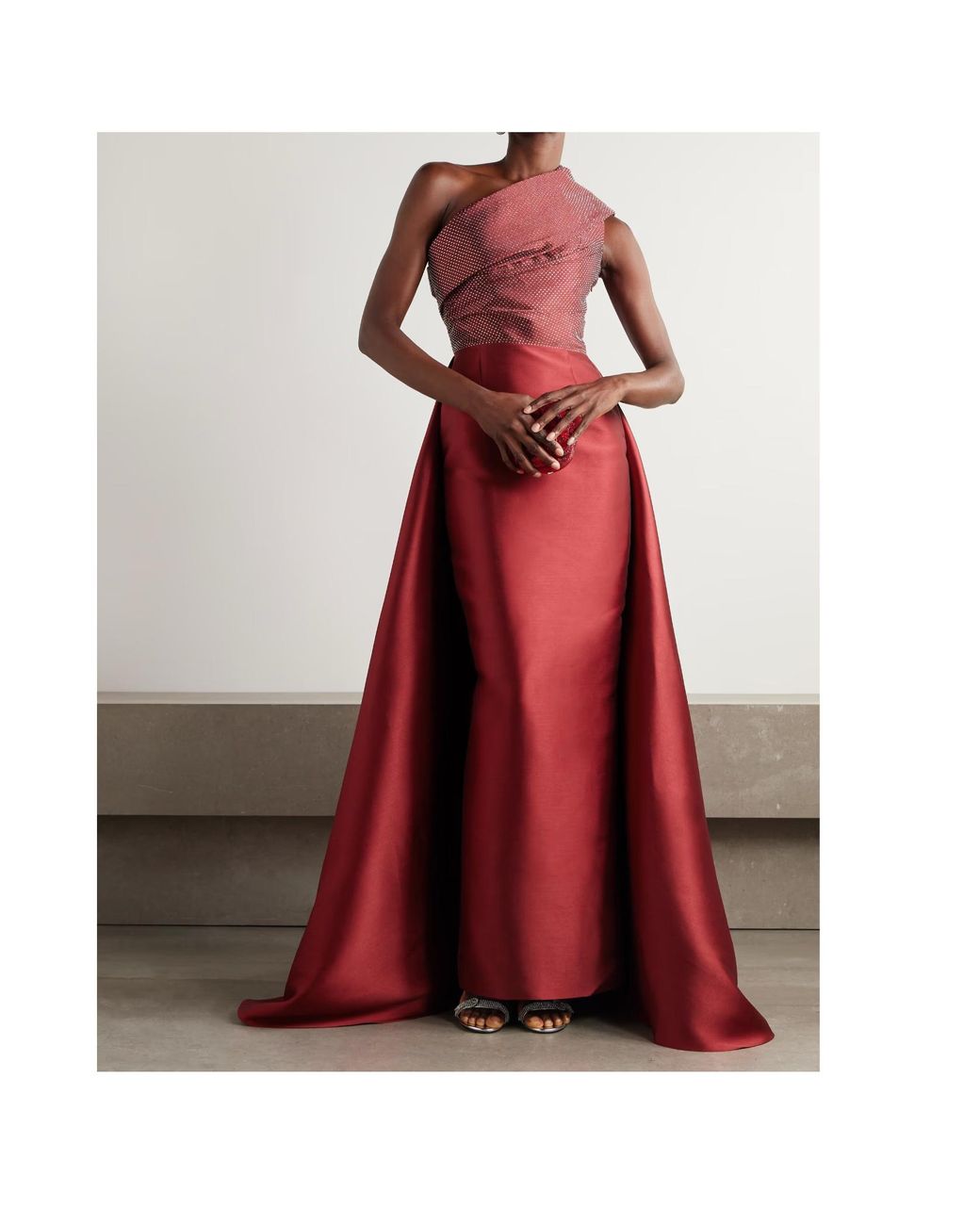 Solace London Red Alba One-Shoulder Crystal-Embellished Faille Gown
