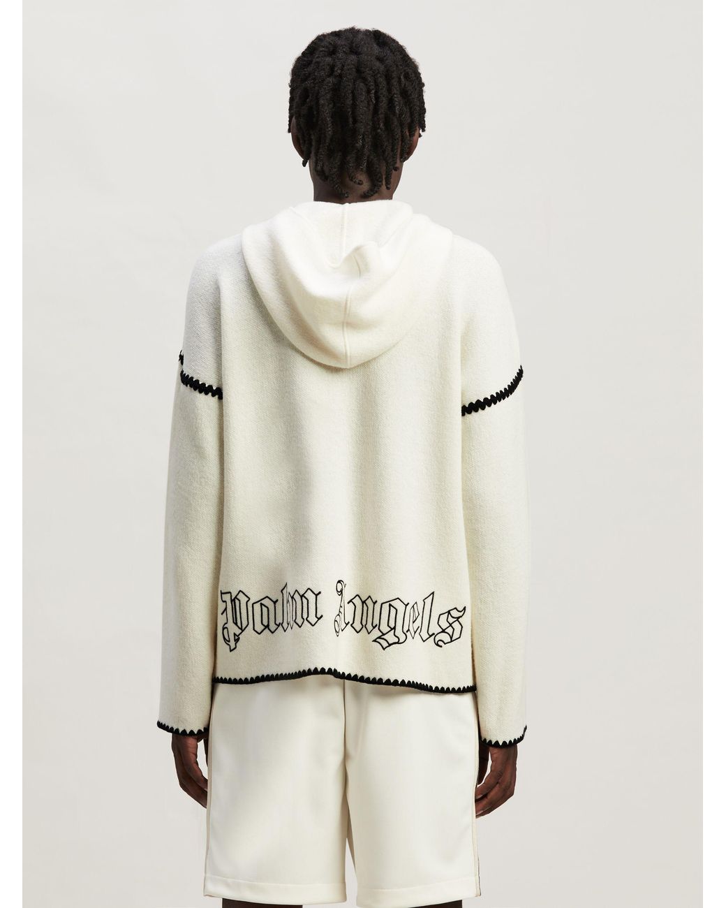 Palm Angels Natural Monogram Embroidered Zipped Knitted Hoodie for men