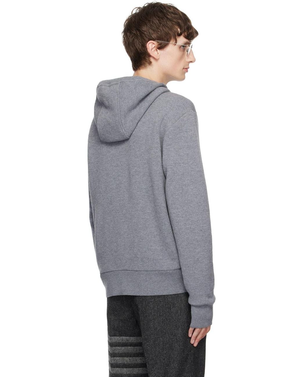 Thom Browne Gray Stripe Knitted Hoodie for men