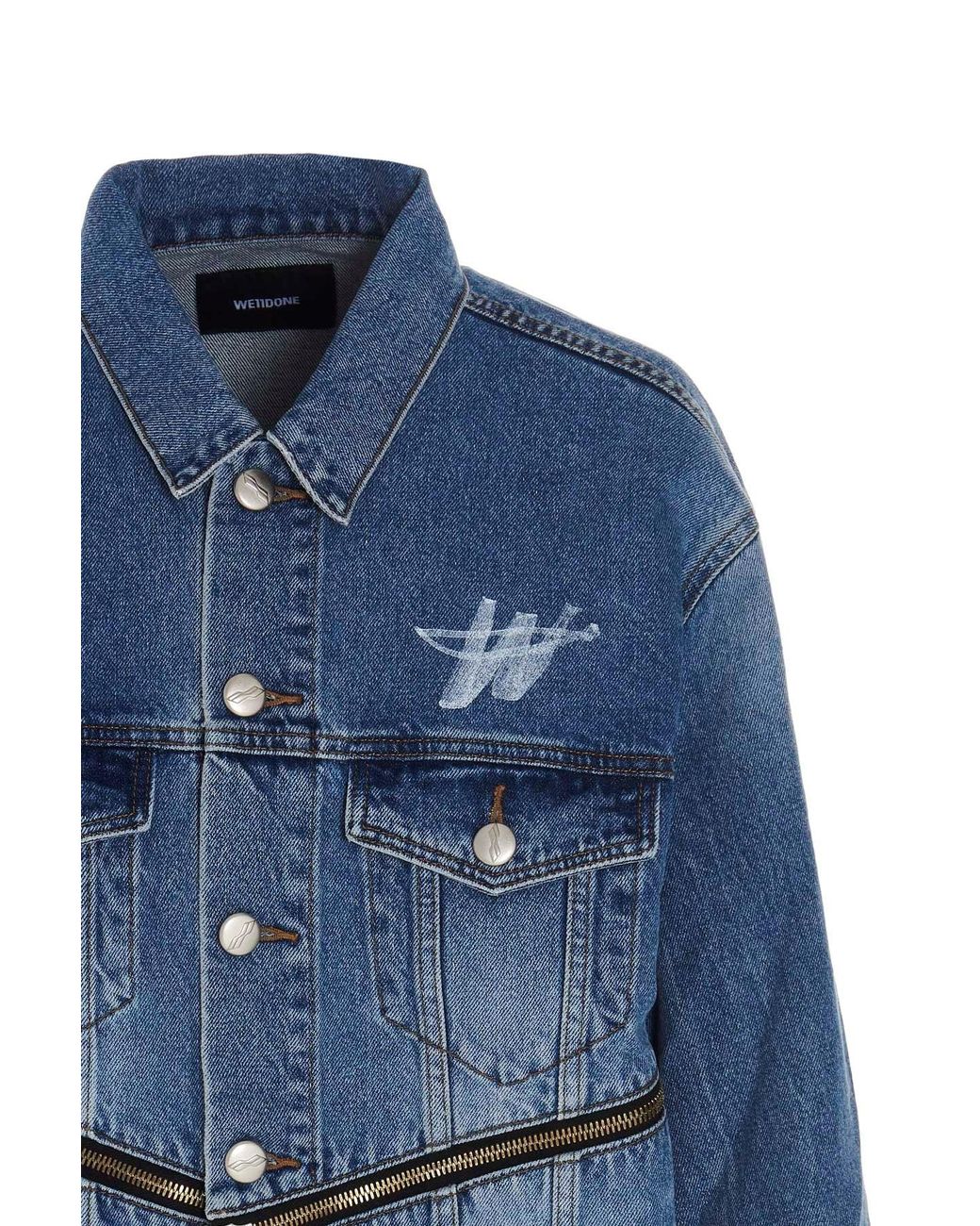 we11done Blue Logo-Print Zip-Detail Denim Jacket for men