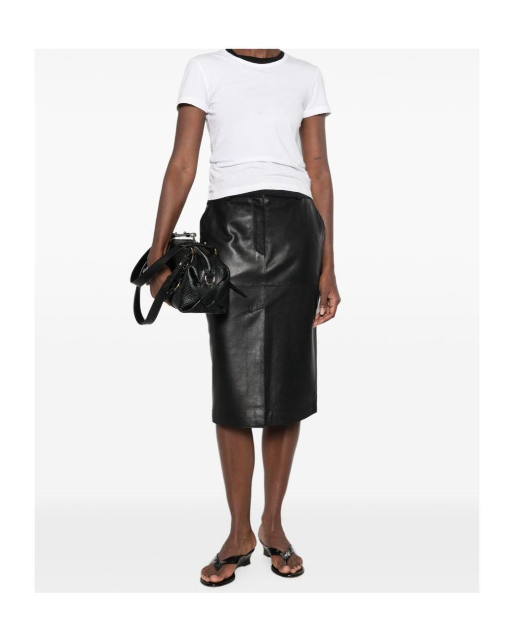 P.A.R.O.S.H. Gray Panelled Leather Midi Skirt