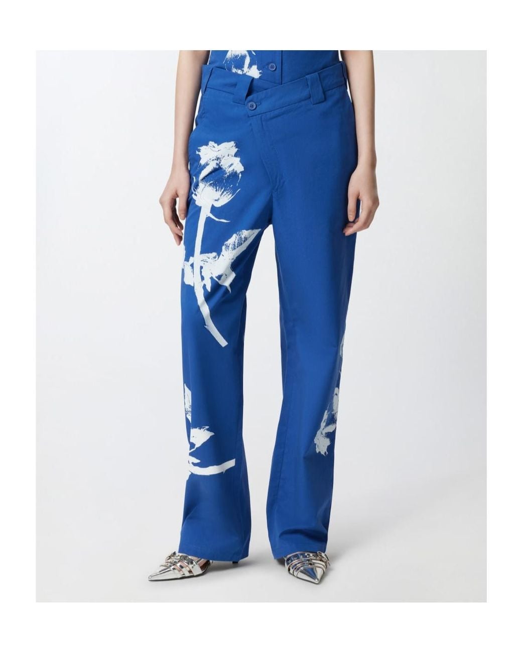 Pinko Blue Floral-Print Cotton Pants