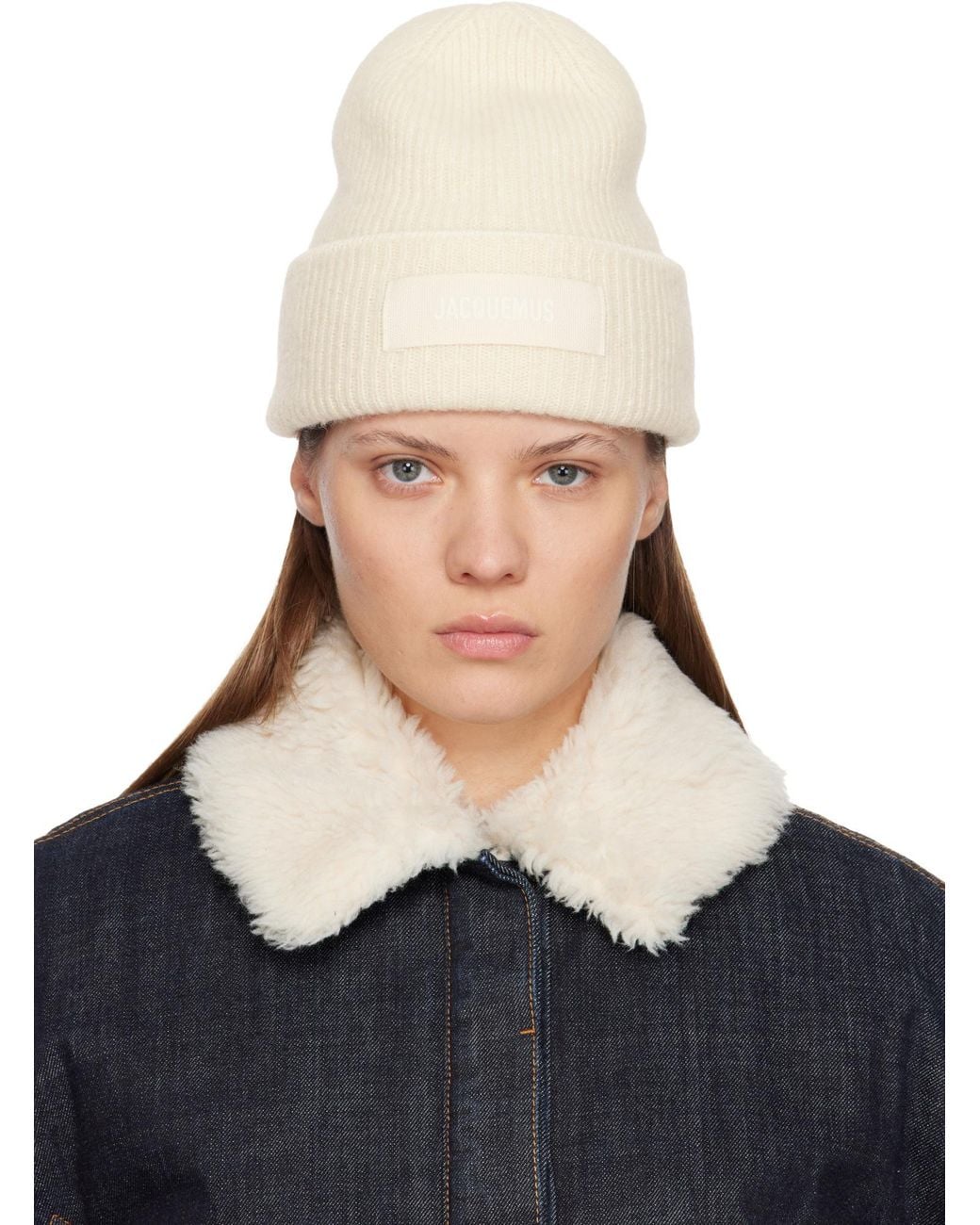 Jacquemus White 'Le Berret Gros Grain' Beanie With Logo Patch On The Front And Ribbed Knit for men
