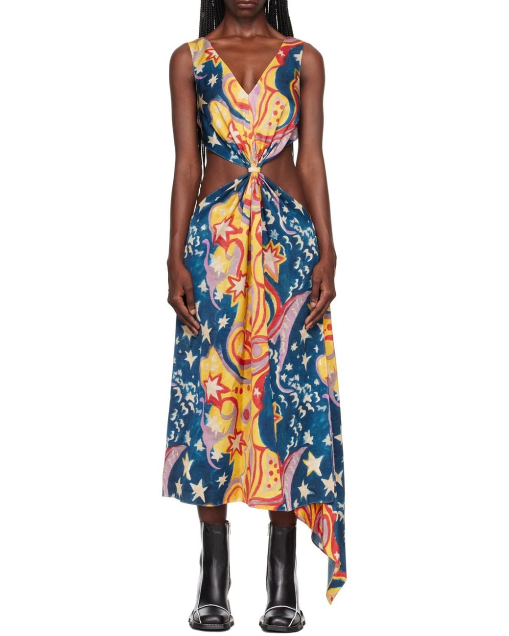 Marni Blue X No Vacancy Inn Cut-Out Galactic Paradise Printed Midi Dress