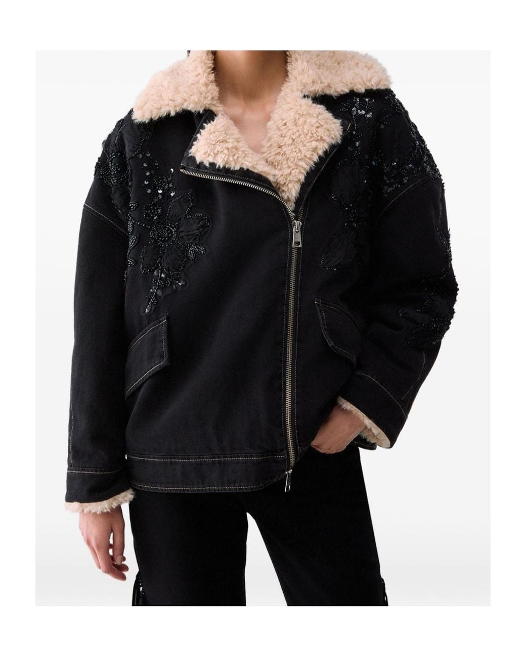 Liu Jo Black Embellished Faux Fur Denim Jacket