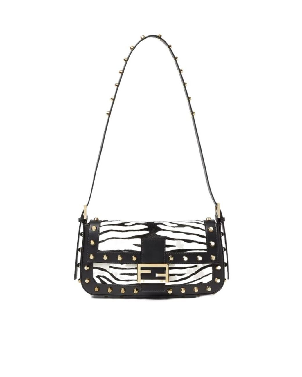 Fendi White Baguette 26424 Tiger-Stripe Print Pony-Effect Leather Bag With Studs
