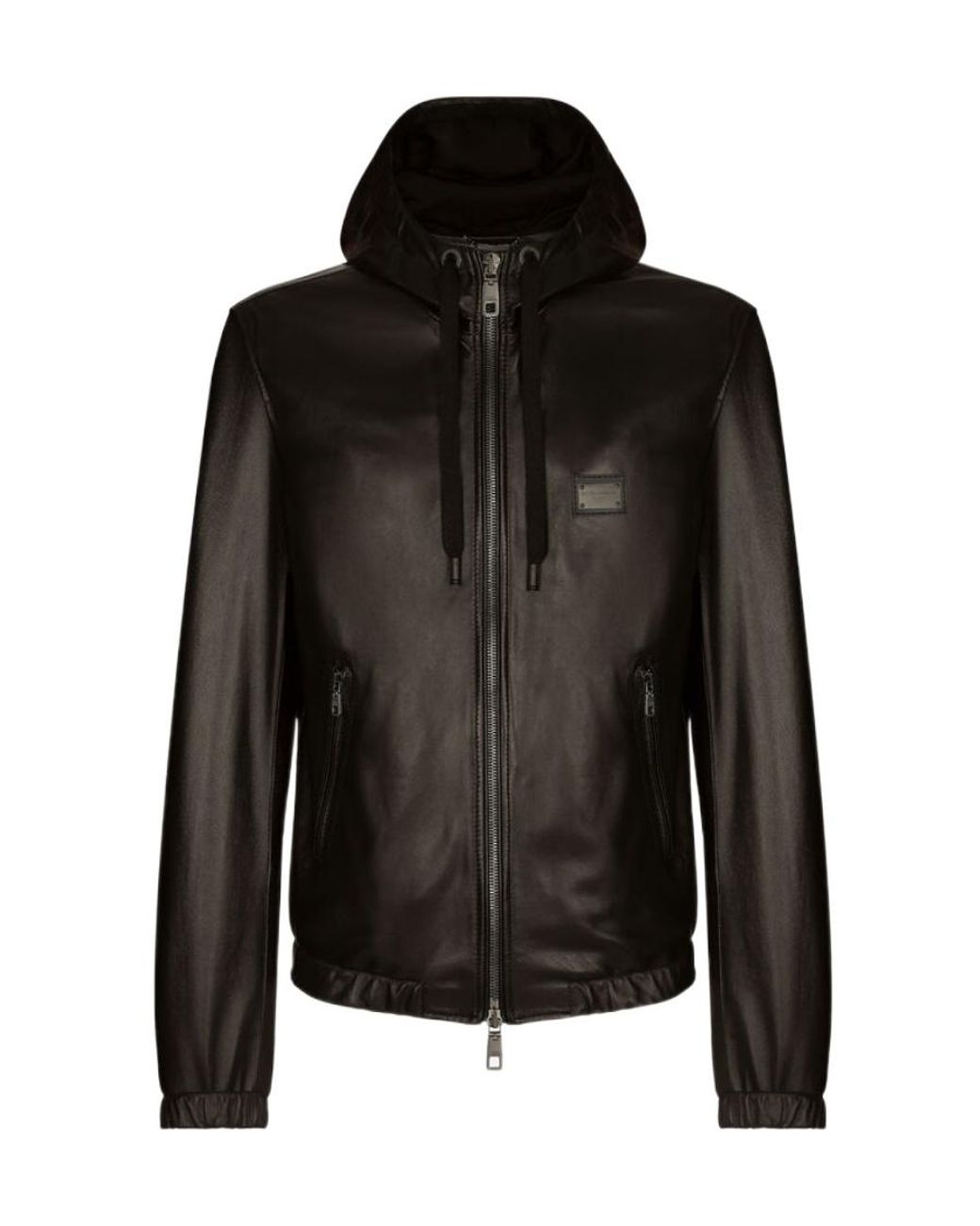 Dolce & Gabbana Black Logo-Tag Hooded Leather Jacket for men
