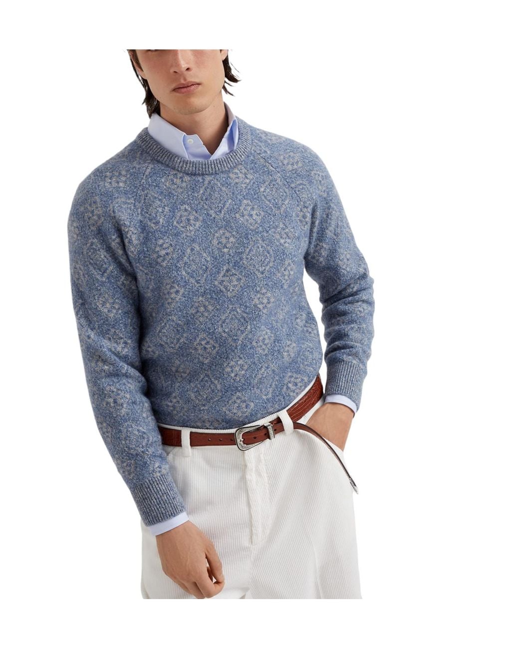 Brunello Cucinelli Blue Patterned Crewneck Jumper for men