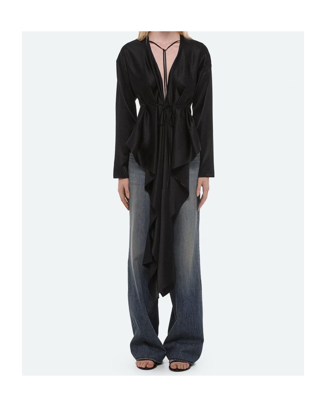 Helmut Lang Black Draped Silk Satin Scarf Top