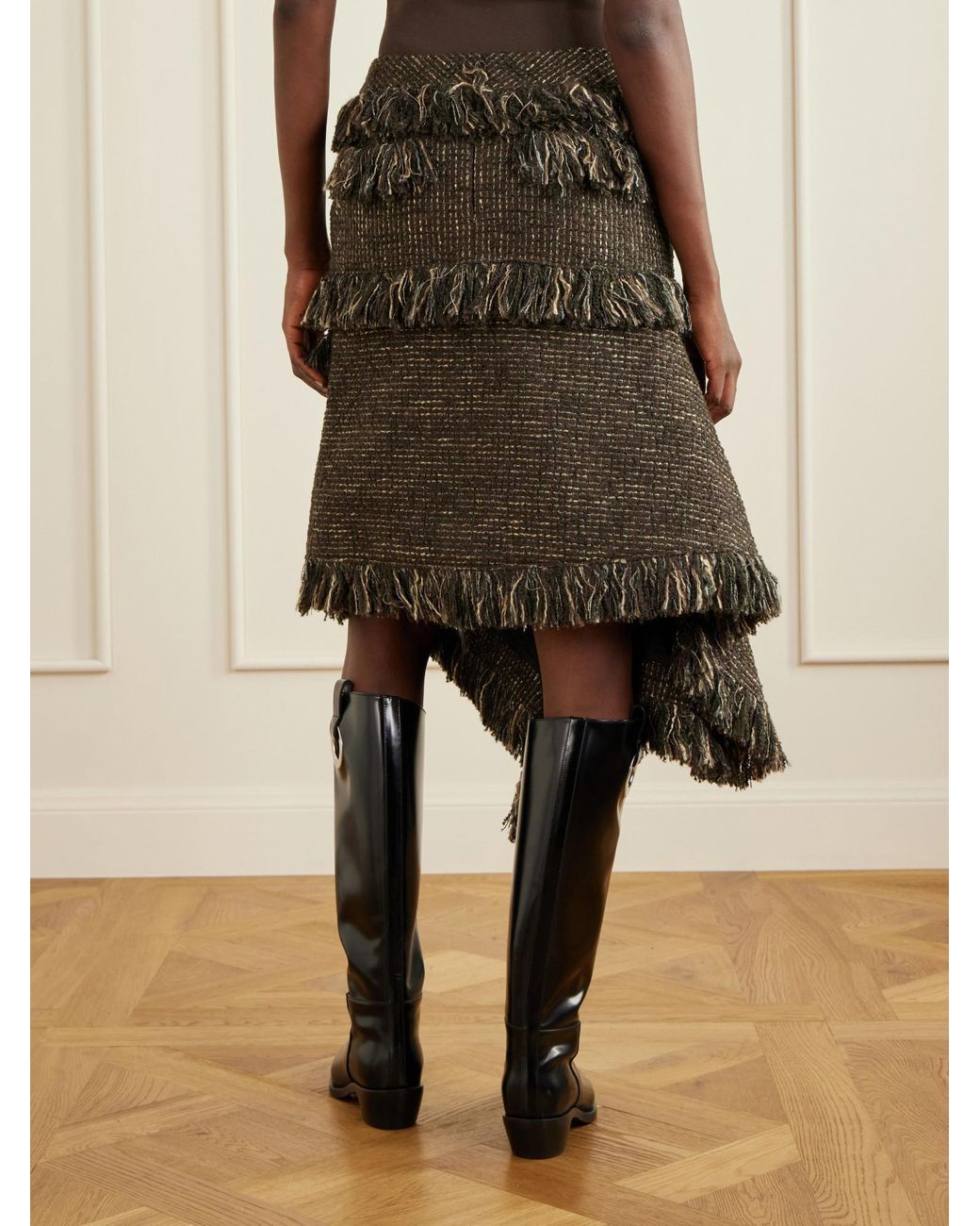 Sacai Brown Fringed Wool-Blend Tweed Midi Skirt