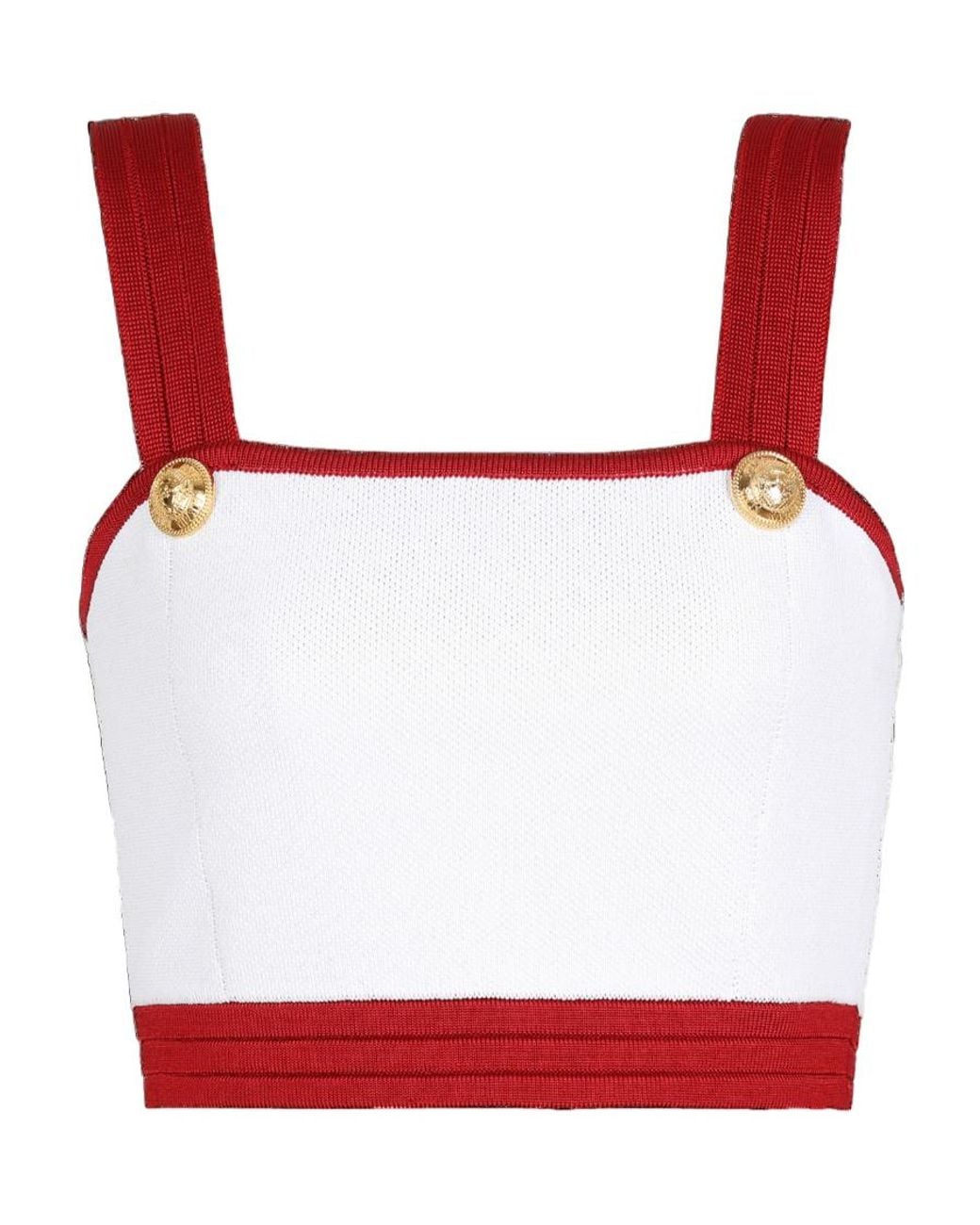 Balmain Red Knit Crop Top With-Tone Buttons
