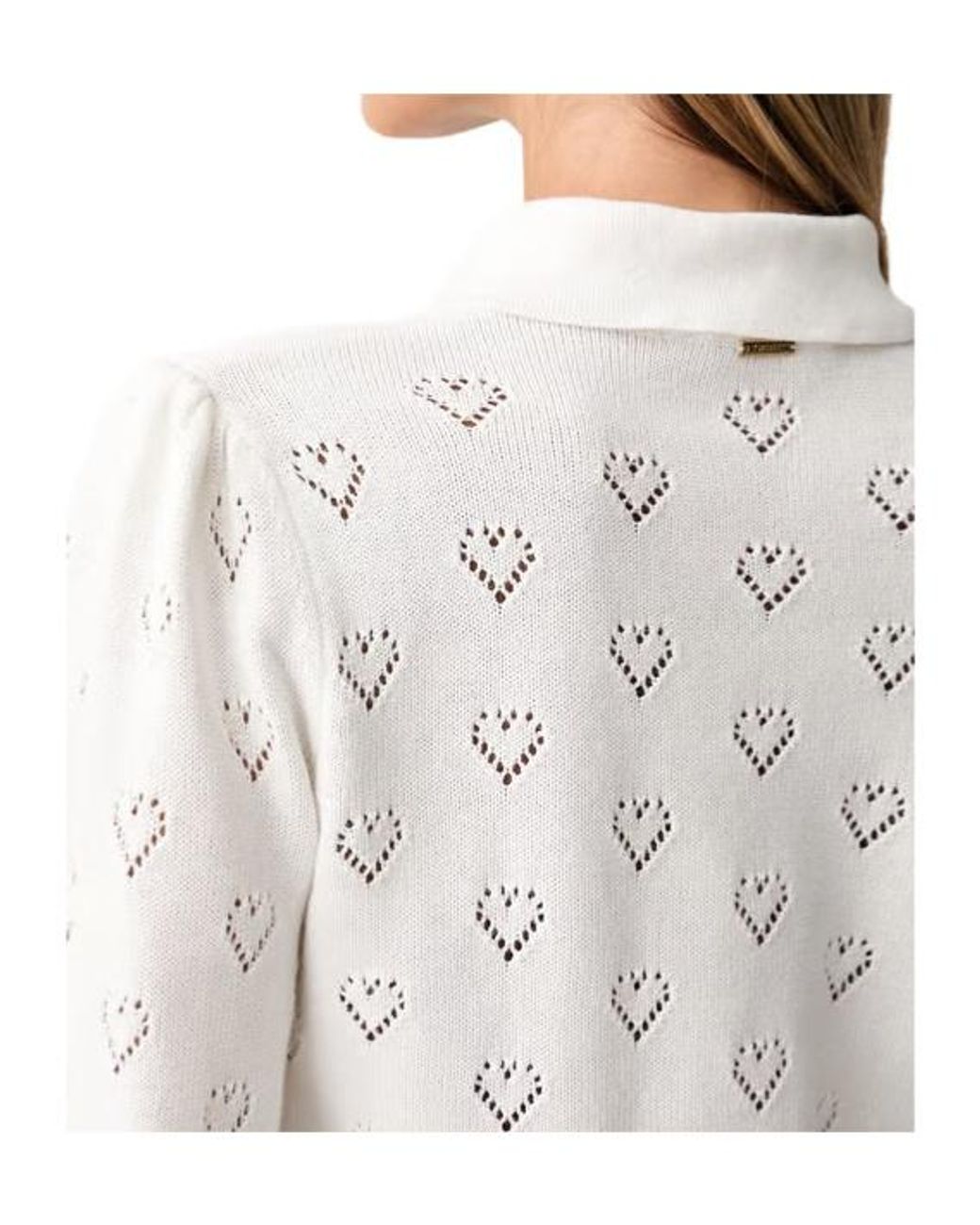 Twinset White Heart-Pointelle Puff-Sleeve Polo Top