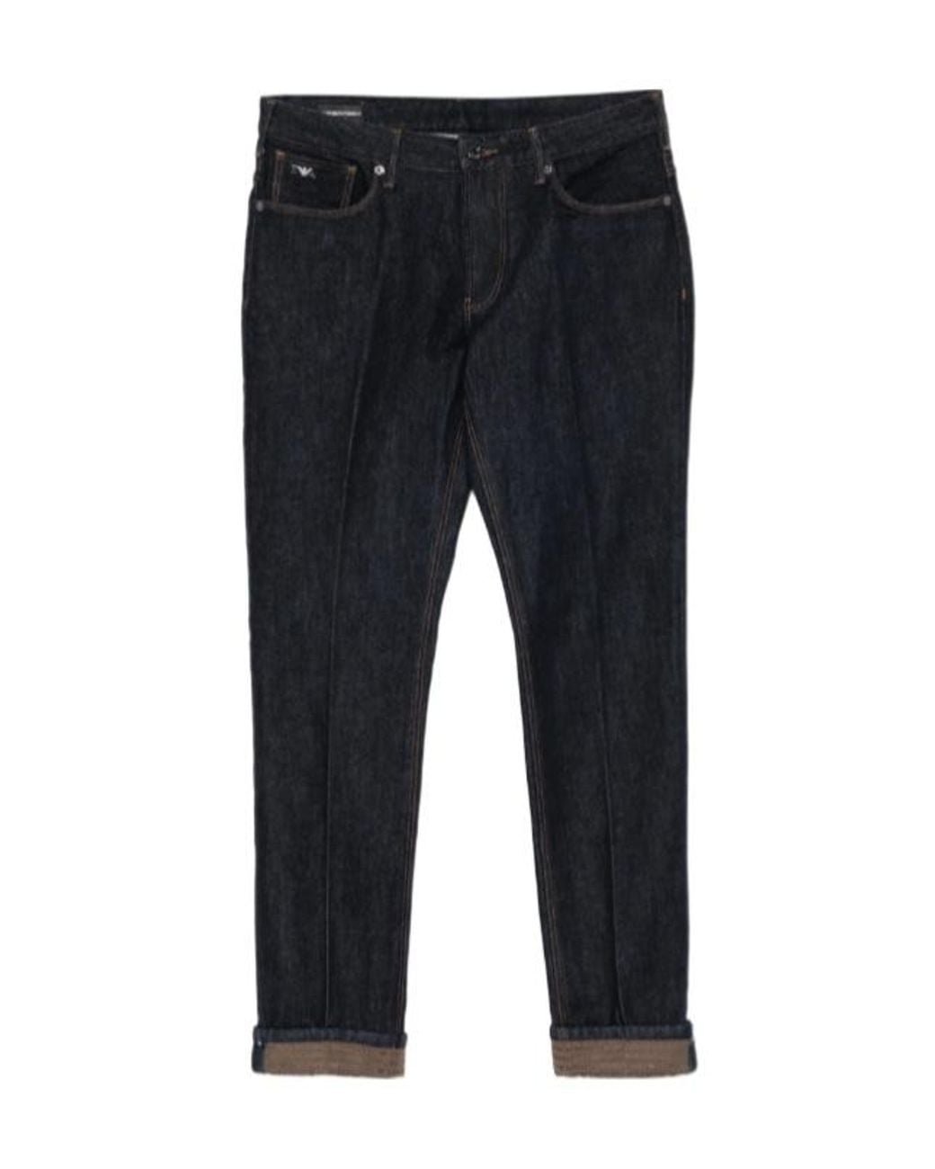 Emporio Armani Blue Pressed-Crease Turn-Up Jeans for men