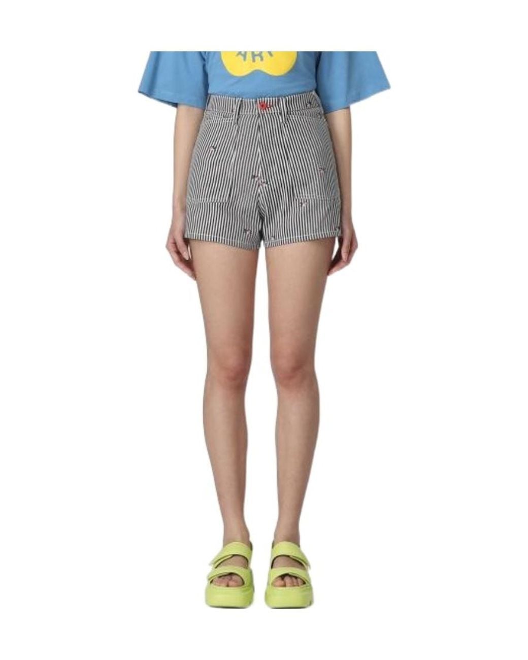 KENZO Blue Striped Embroidered High-Waisted Shorts
