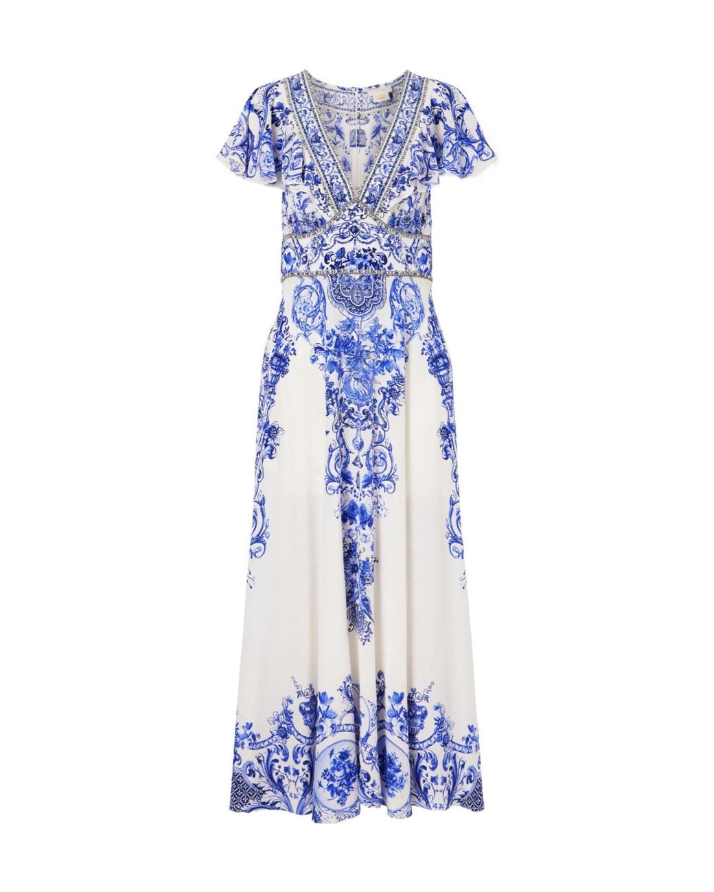 Camilla Blue Embellished Printed Ruffled Silk-Crepe Midi Dress
