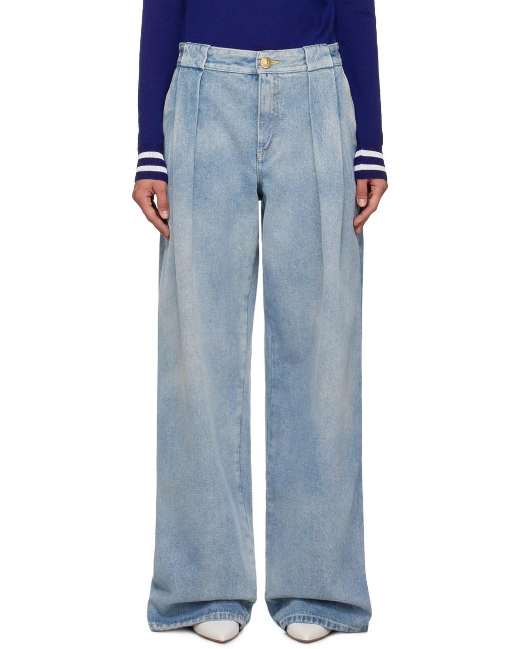 Balmain Blue Logo Detailed Pleated Jeans
