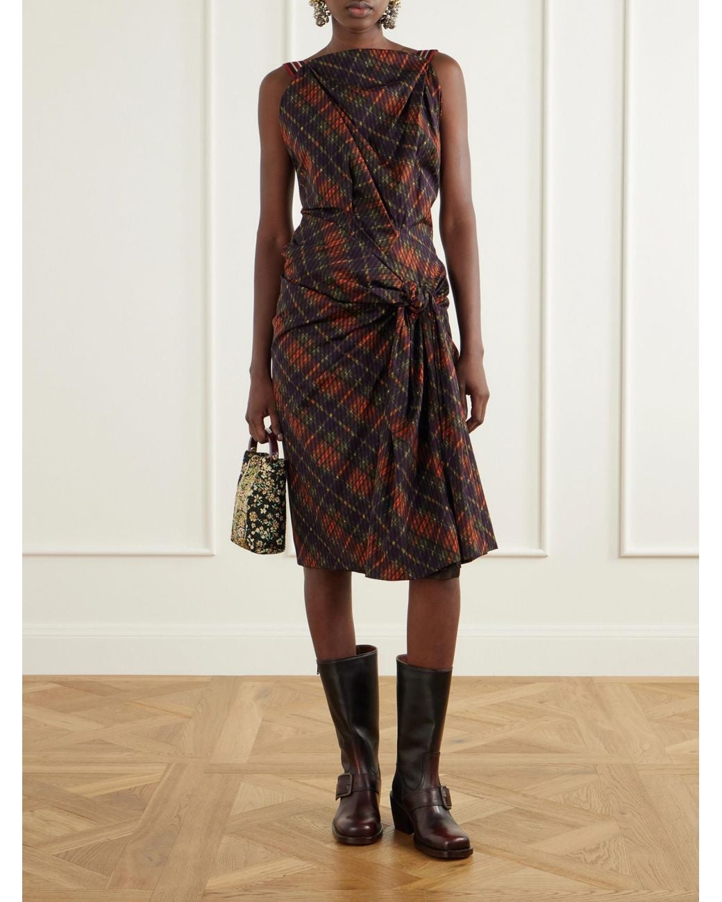 Dries Van Noten Brown Draped Gingham Dress