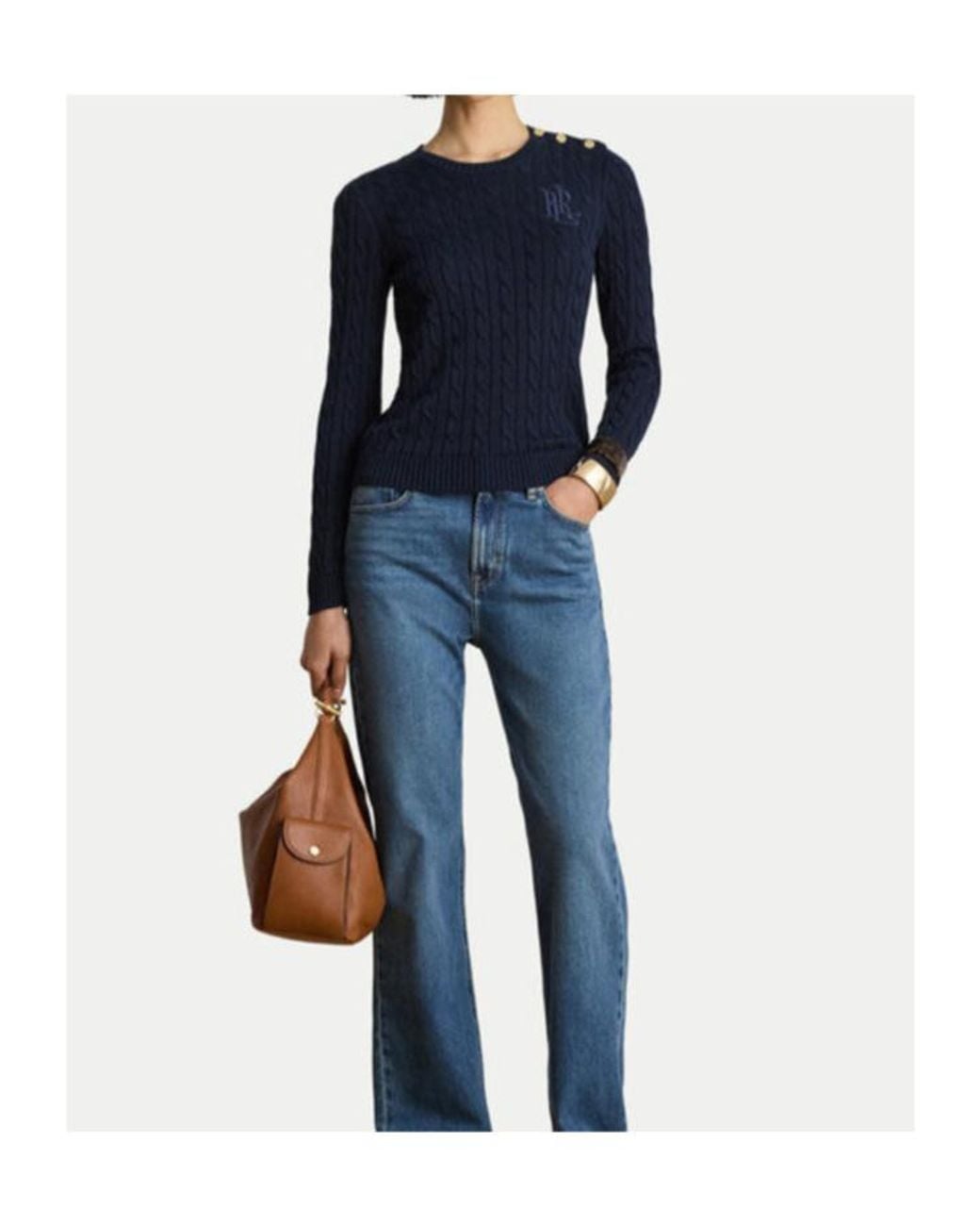 Ralph Lauren Blue Button-Trim Cable Knit Jumper