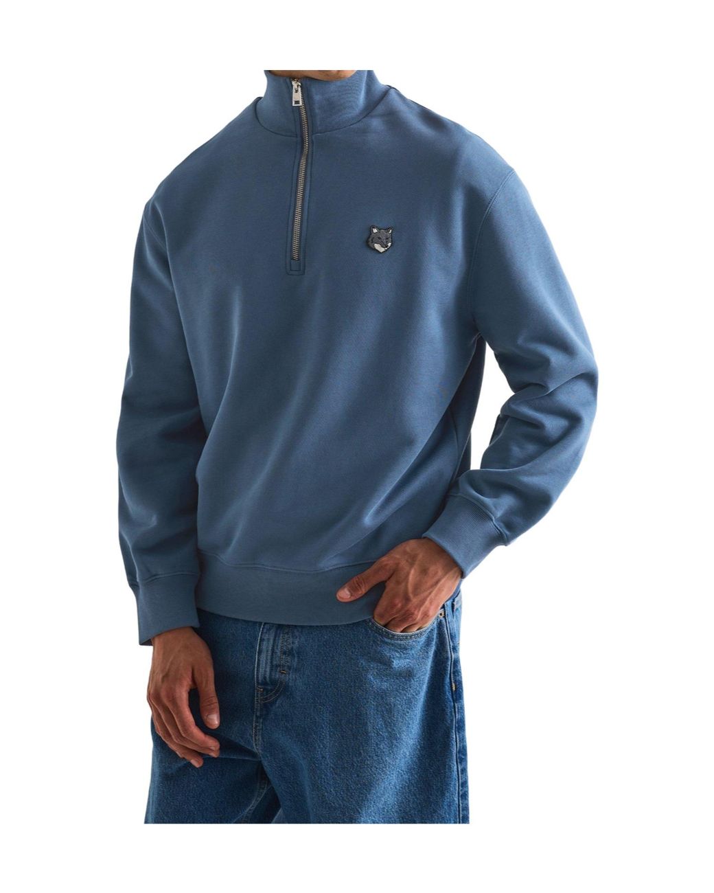 Maison Kitsuné Blue Half-Zipper Fleece Hoodie for men