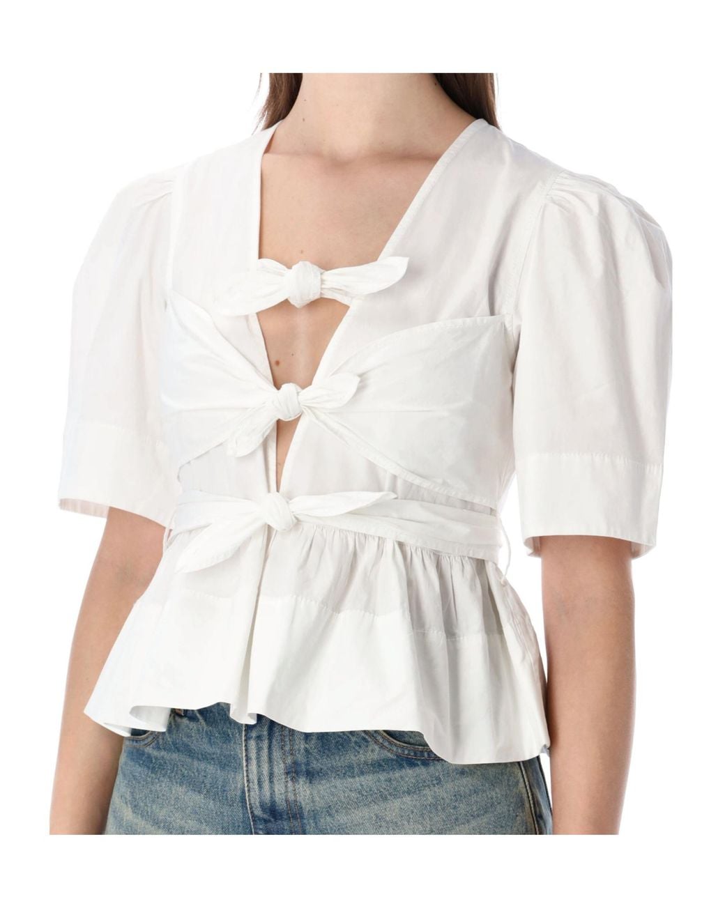 Ganni White Tie-Front Peplum Top
