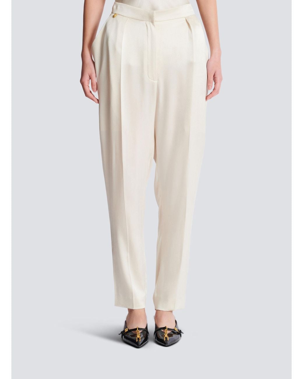 Balmain White High-Waisted Silk Trousers
