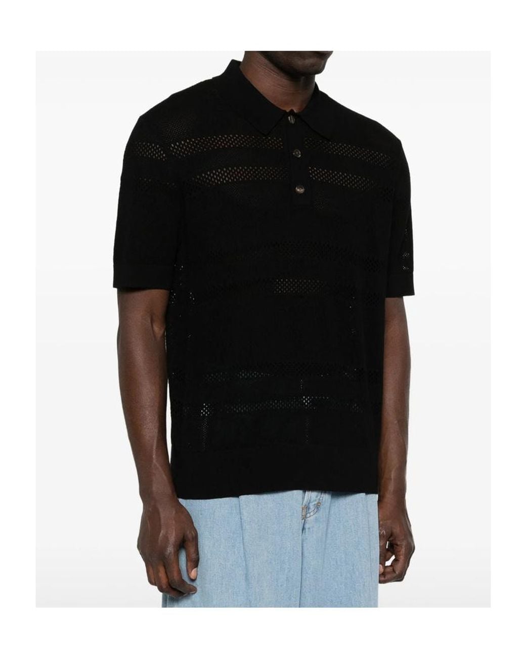 Dries Van Noten Black Mesh Polo Shirt for men
