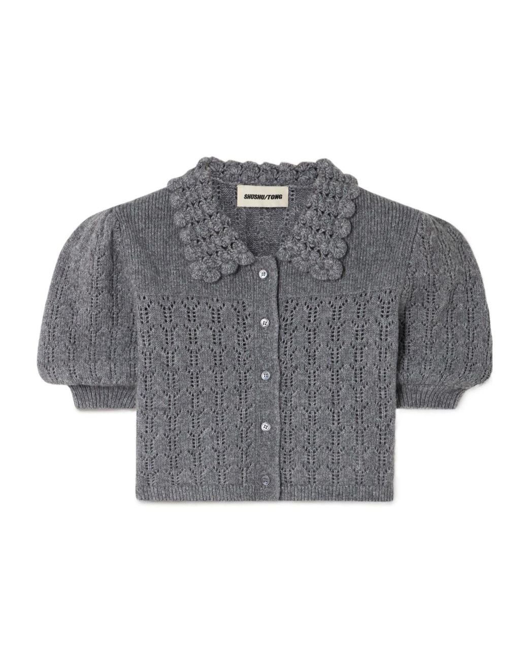 ShuShu/Tong Gray Short Openwork Knit Cardigan
