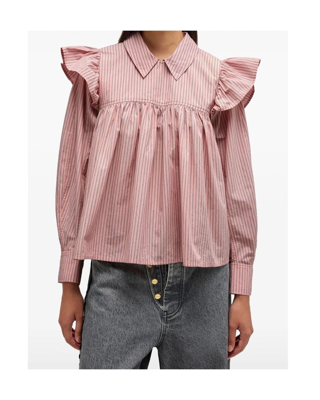 Ganni Pink Ruffled Oxford Stripe Blouse