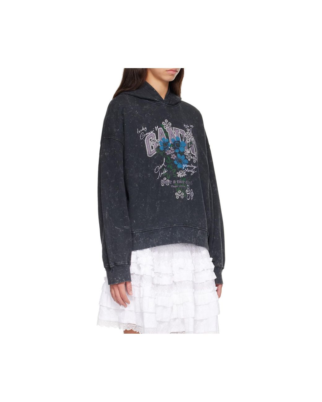Ganni Black Isoli Cropped Printed Hoodie