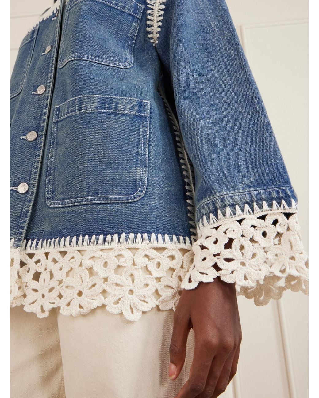 Sea Blue Stasia Crochet-Trimmed Denim Jacket
