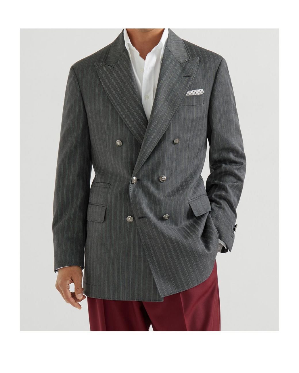 Brunello Cucinelli Blue Striped Pattern Virgin Wool Fresco One-And-A-Half Breasted Tailor Blazer With Metal Buttons for men