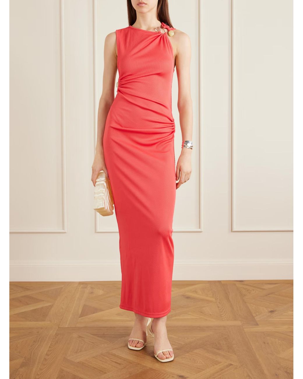 Christopher Esber Red Callisto Trinity Embellished Ruched Ribbed-Jersey Maxi Dress