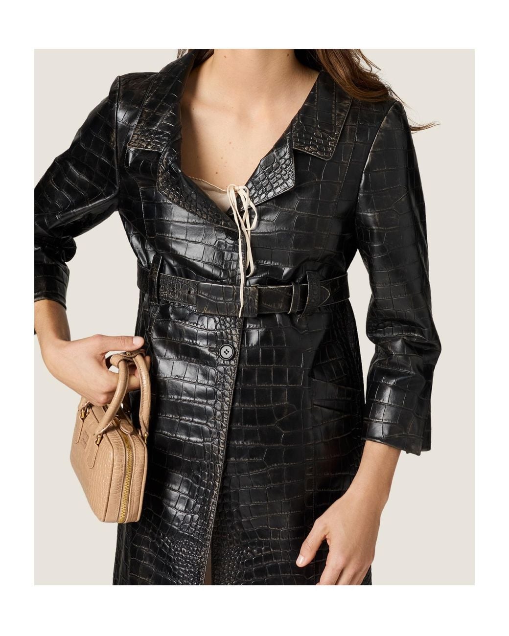 Emboose Design Miu Miu Croco-Embossed Leather Coat in Black | Lyst UK