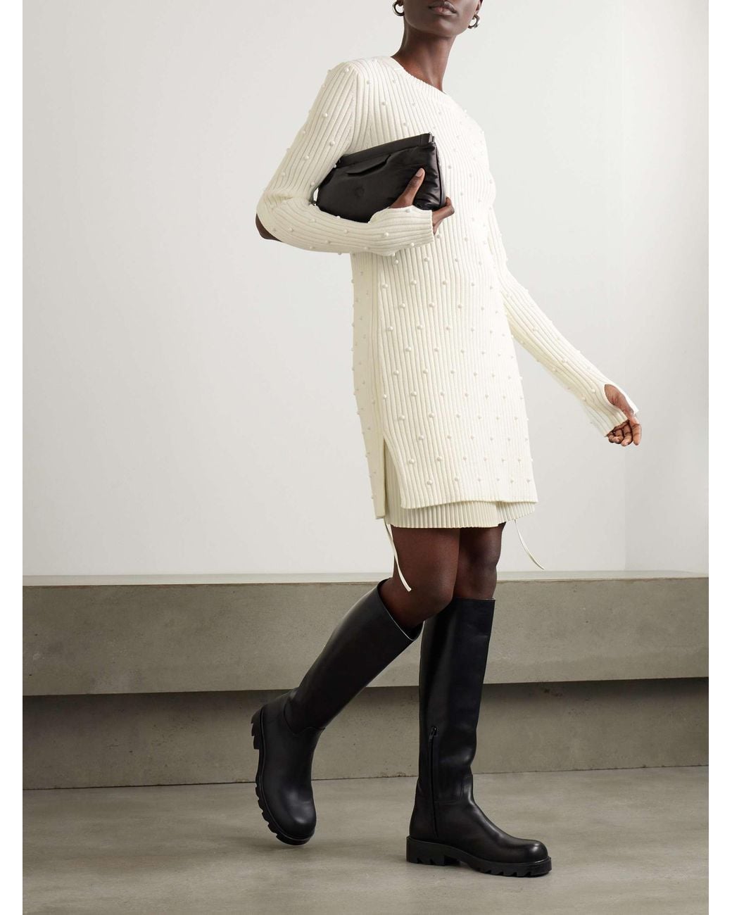 Helmut Lang White Bead-Embellished Ribbed-Knit Dress
