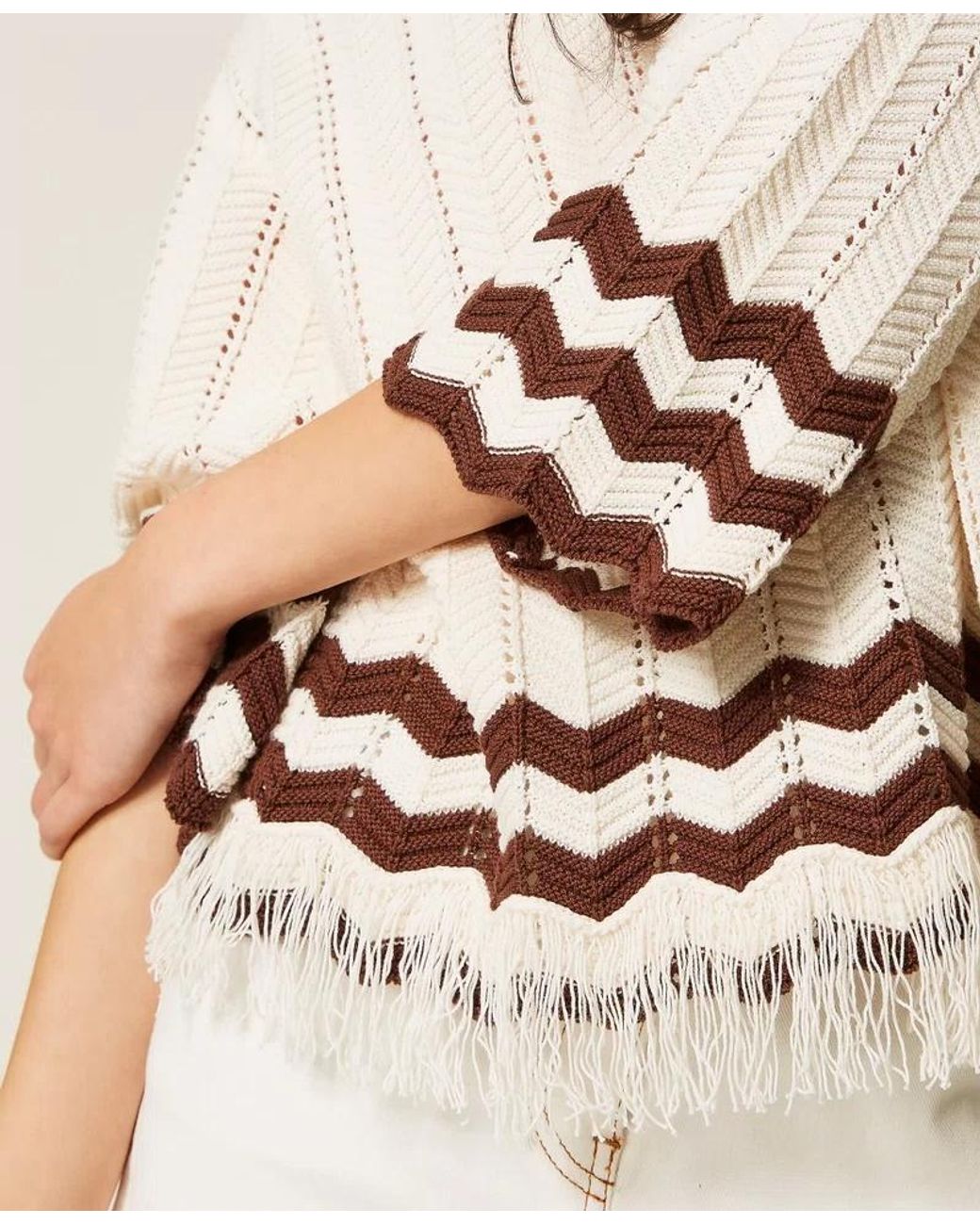 Twinset White Zig-Zag Detail And Fringes Jumper