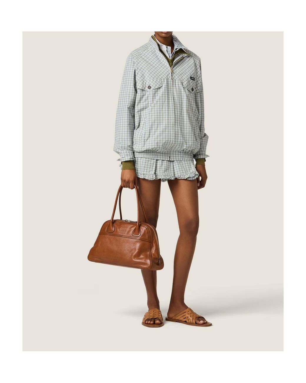 Miu Miu Gray Checked Technical Fabric Blouson Jacket