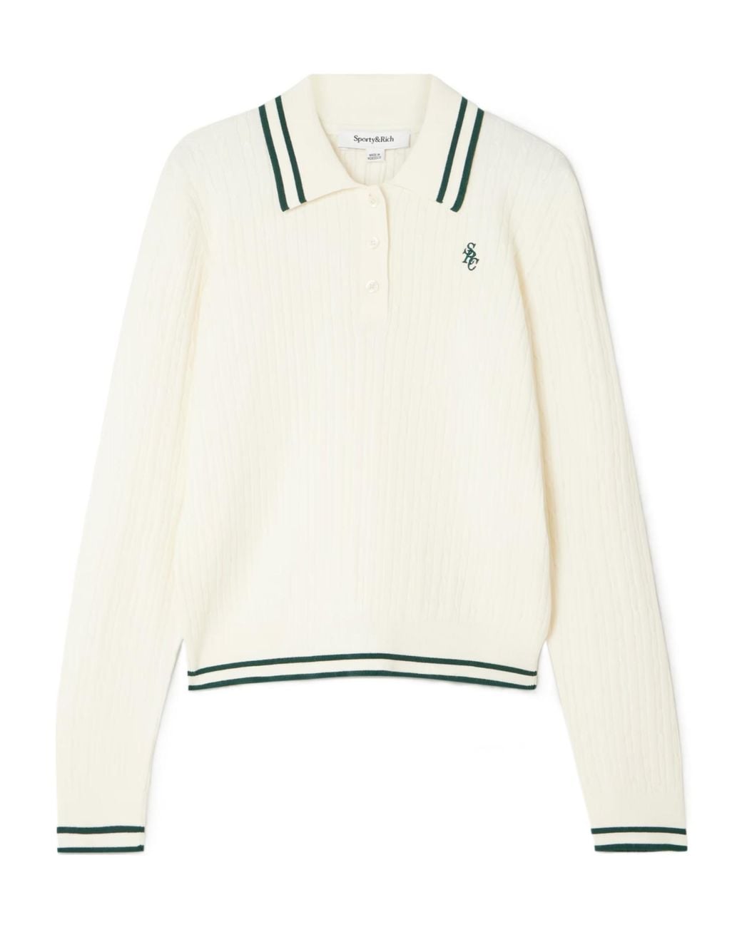 Sporty & Rich White Embroidered Striped Cable-Knit Polo Sweater