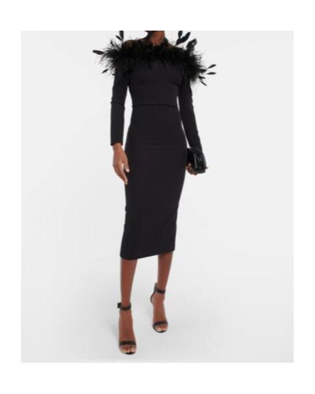 Safiyaa Black Feather-Trimmed Midi Dress
