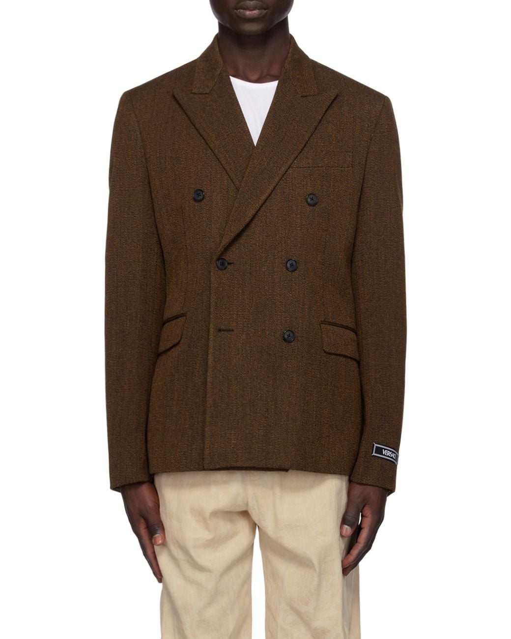 Versace Brown Double-Breasted Wool Blazer for men