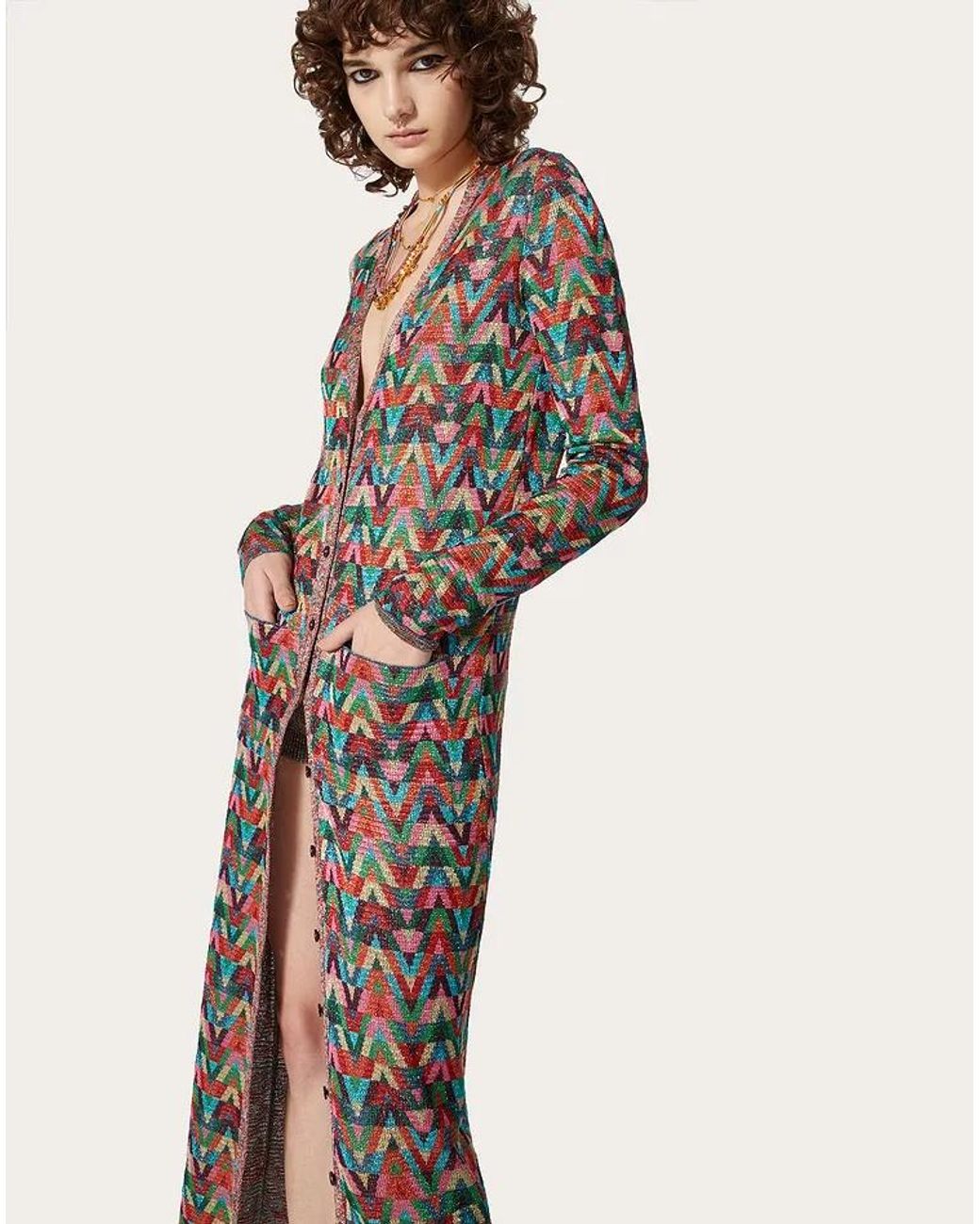 Valentino Brown Jacquard Optical-Pattern Lurex Long Cardigan