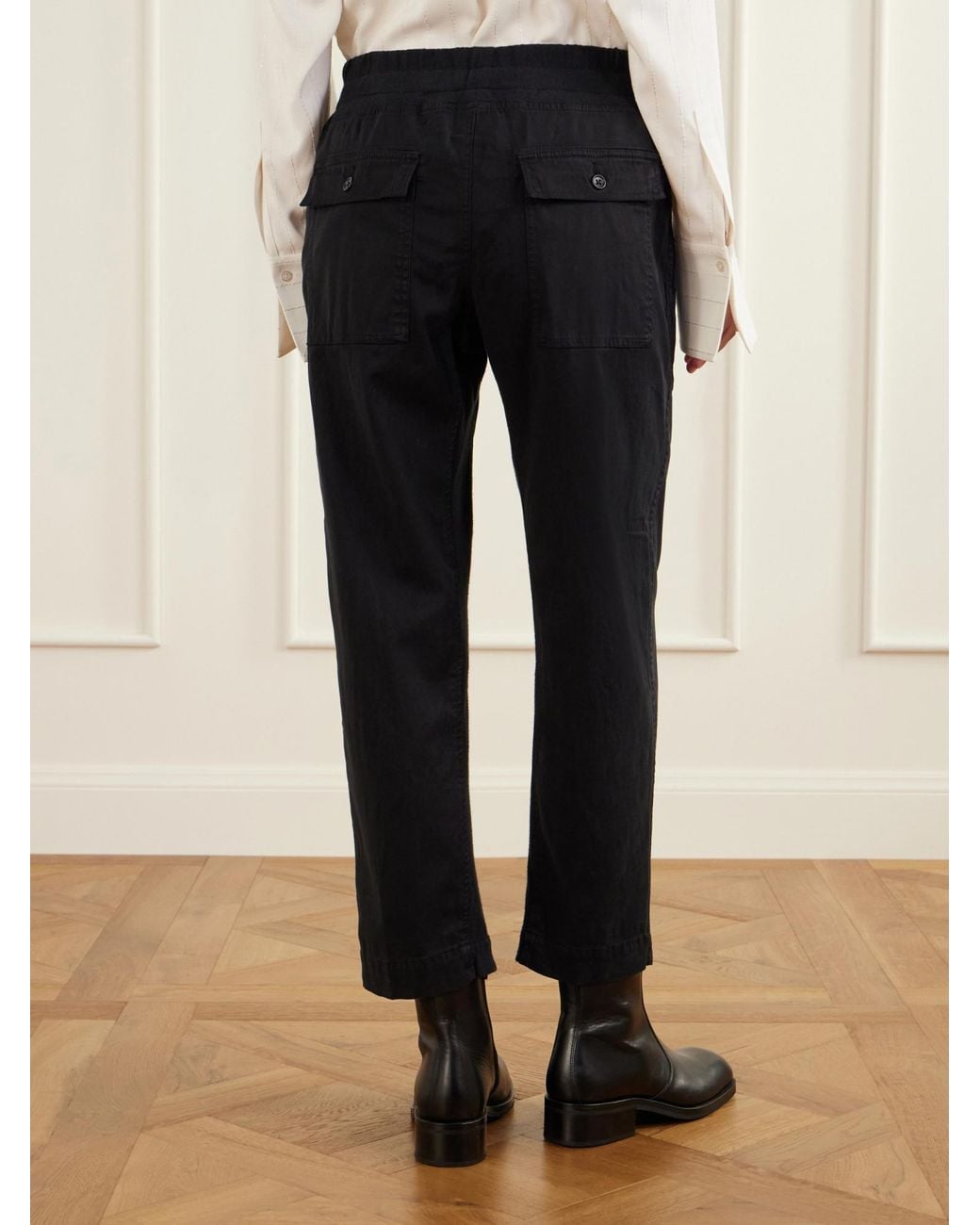 James Perse Black Rib-Trimmed Cotton-Twill Tapered Pants