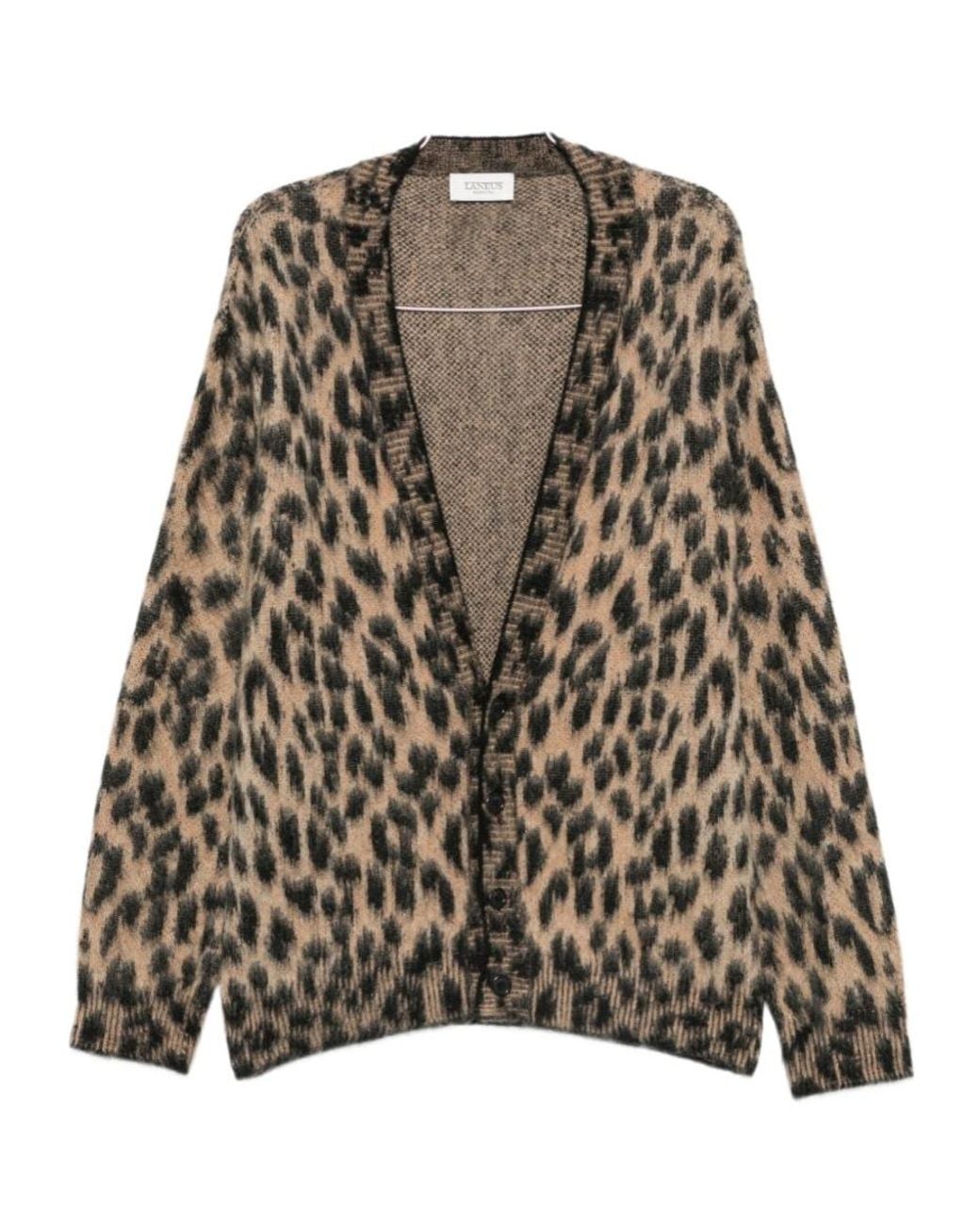 Laneus Brown Leopard-Print Knit Cardigan for men
