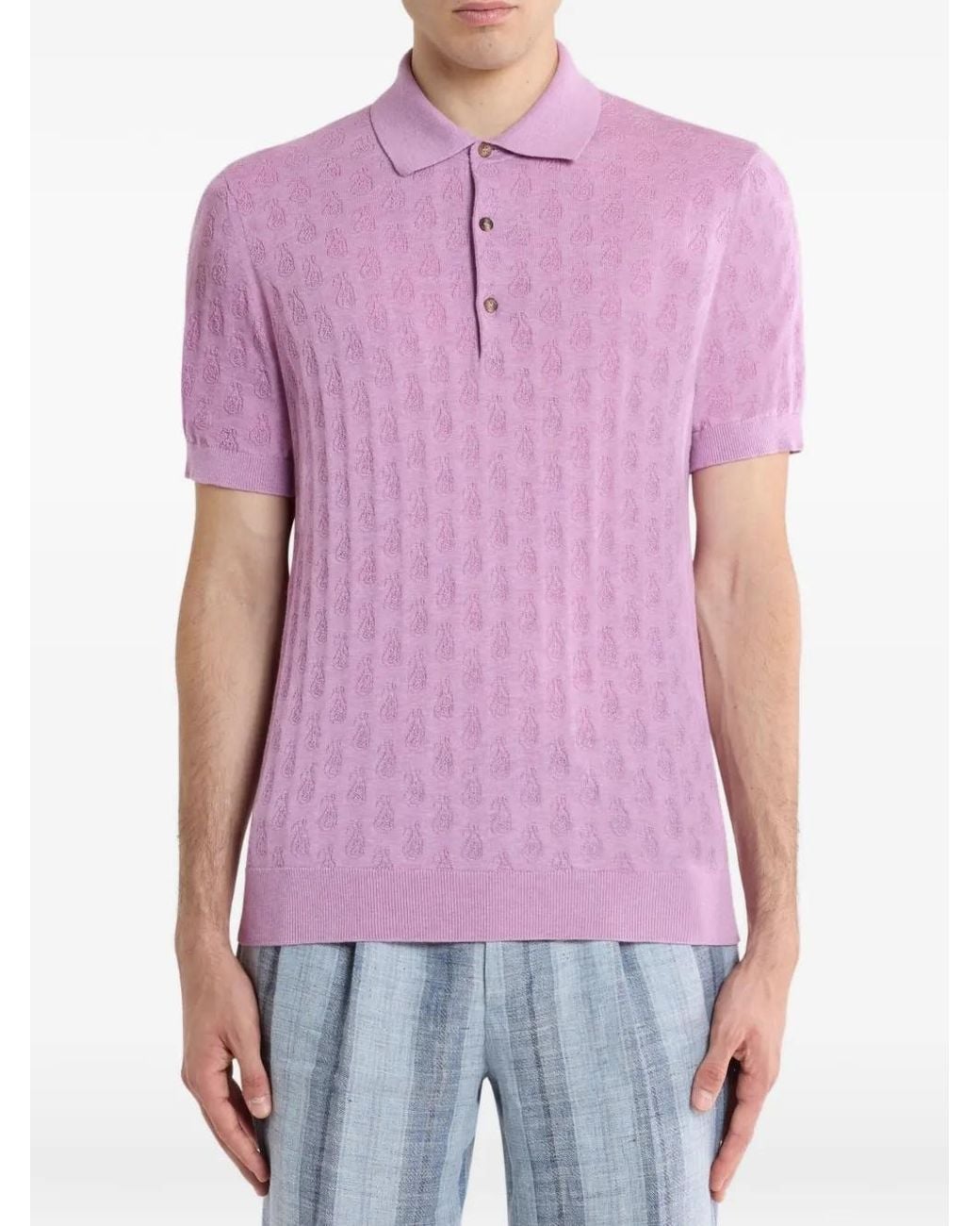 Etro Pink Knit Cotton Polo Shirt With Micro Paisley Motif for men